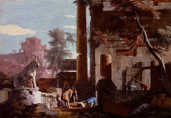 An Architectural Capriccio With Figures A Man Drinking From A Fountain